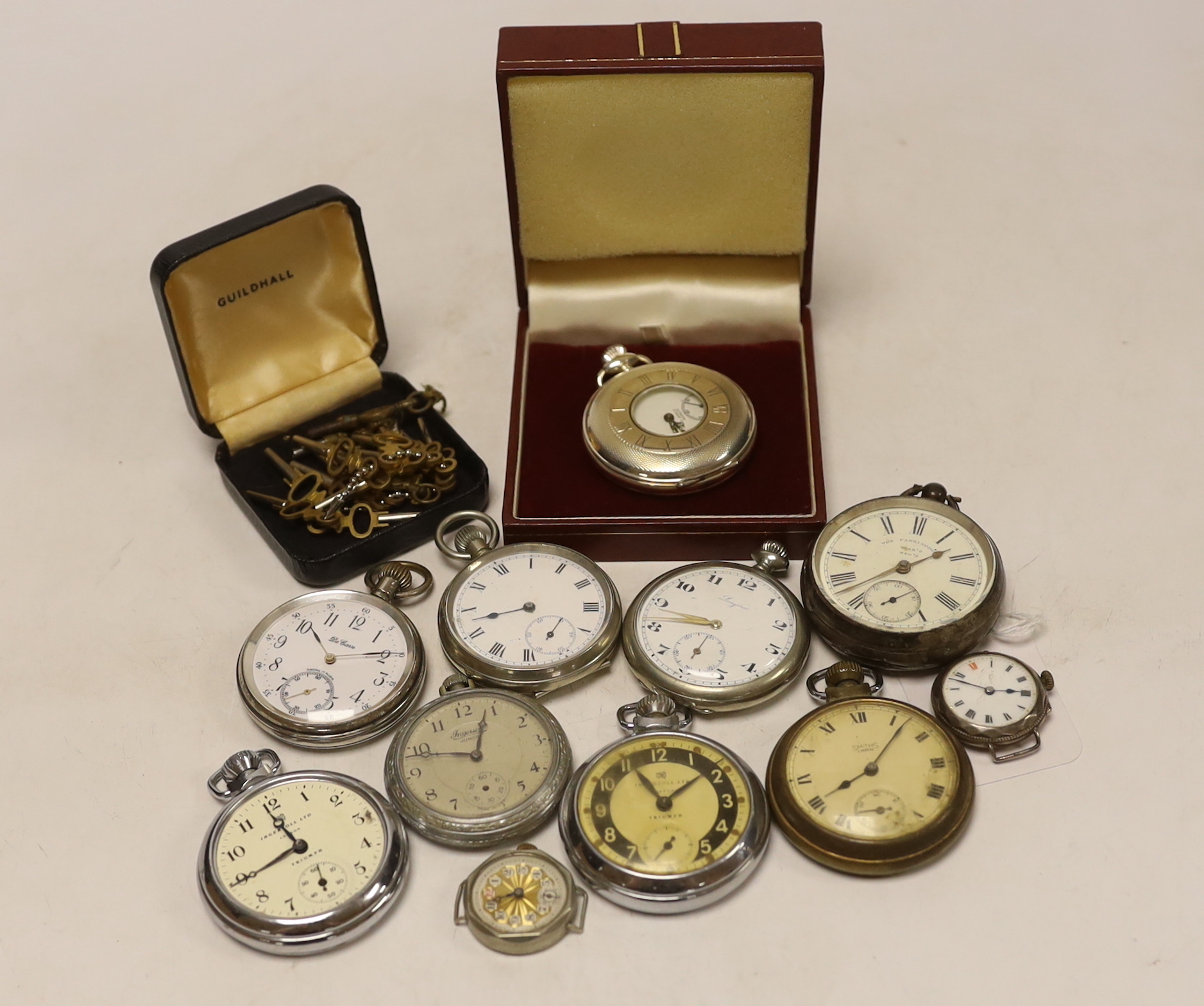 Assorted pocket watches including Ingersoll, Longines and silver open face, two wrist watches and assorted watch keys.
